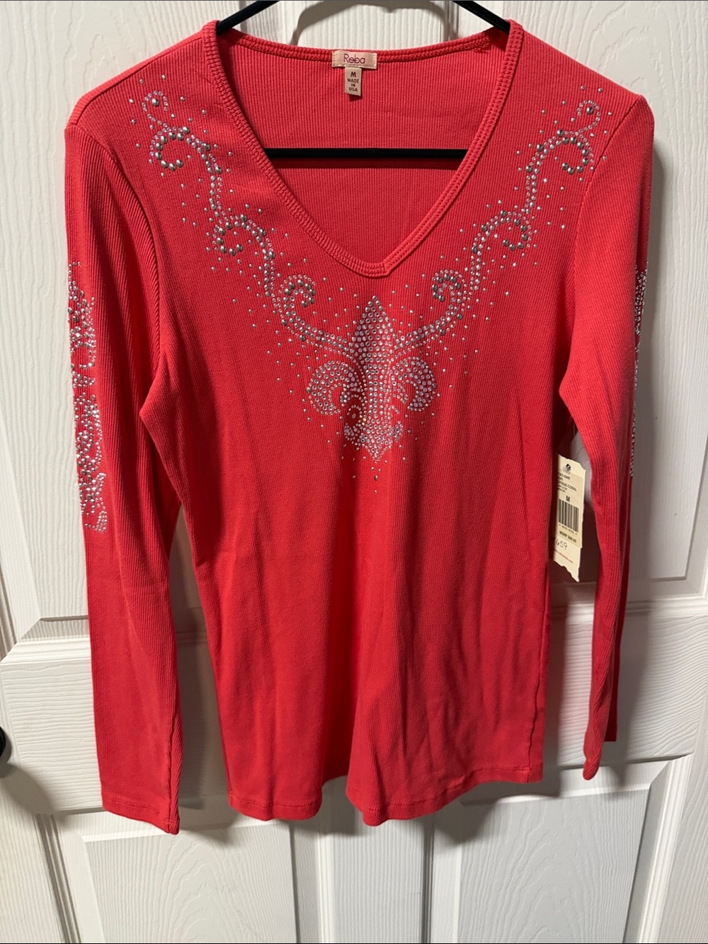 Reba Red Long Sleeve V-Neck Top with Rhinestone Fleur-de-Lis